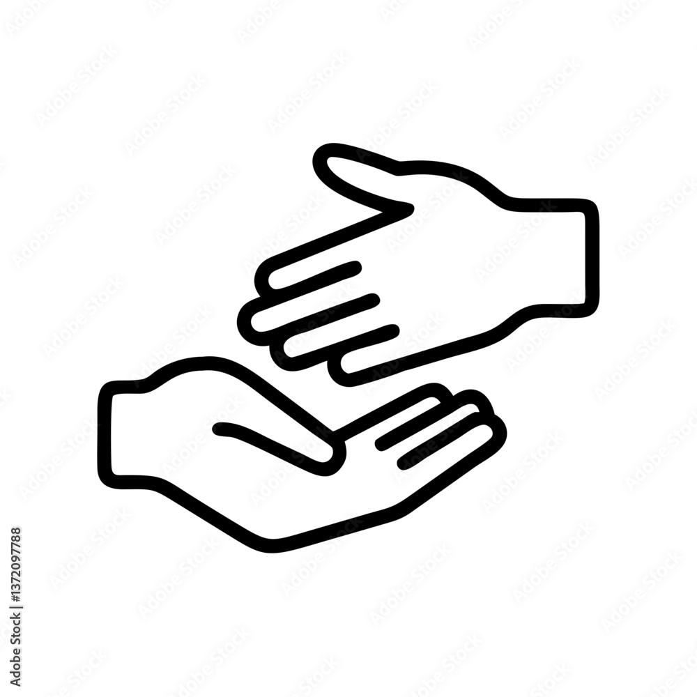 Line art icon of two hands reaching towards each other. Use for support, help, or partnership websites and blogs. Line art icon of two hands reaching towards each other. Use for support, help, or partnership websites and blogs.