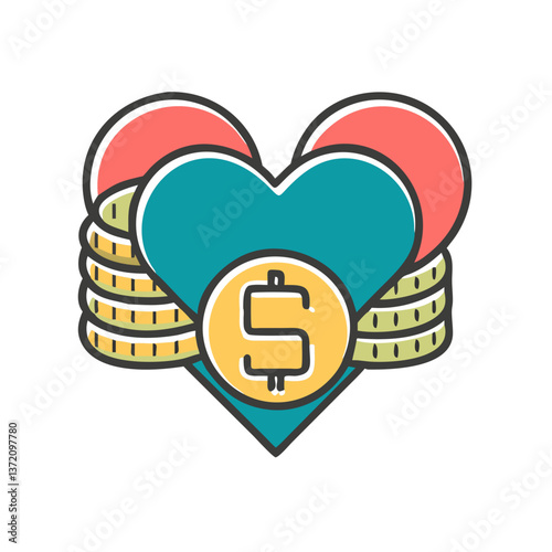 colorful cartoon heart with stacks of coins and dollar sign, suggesting charitable giving or financial support for cause for donation websites,charity blogs,and financial aid themes