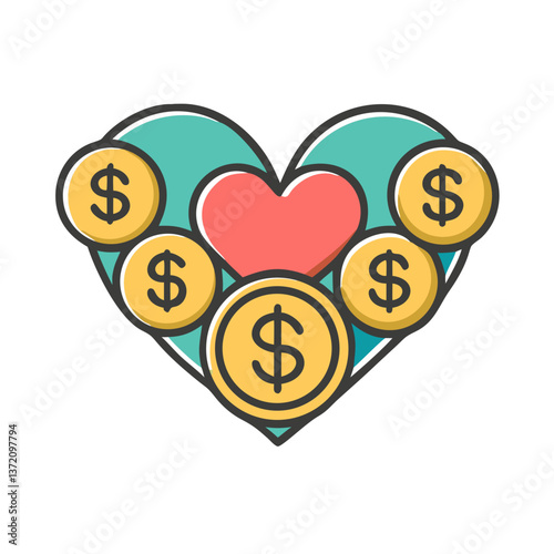 colorful cartoon heart with stacks of coins and dollar sign, suggesting charitable giving or financial support for cause for donation websites,charity blogs,and financial aid themes
