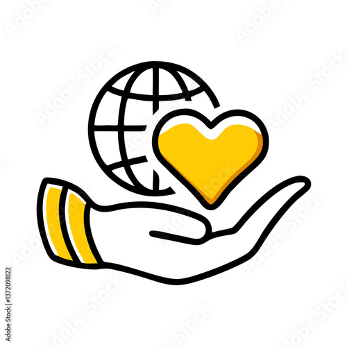 Minimalist linear doodle illustration with yellow accents with hands holding a heart for charity websites, donation pages and themes dedicated to love and support.