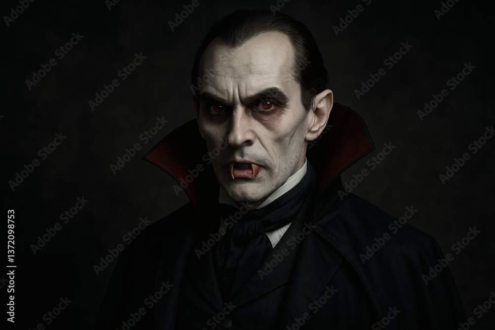 Fototapeta premium Menacing vampire portrait with glowing eyes and sharp fangs