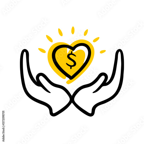 This image shows two hands gently holding a heart with a dollar sign. It symbolizes charity, donation, and financial help given with love