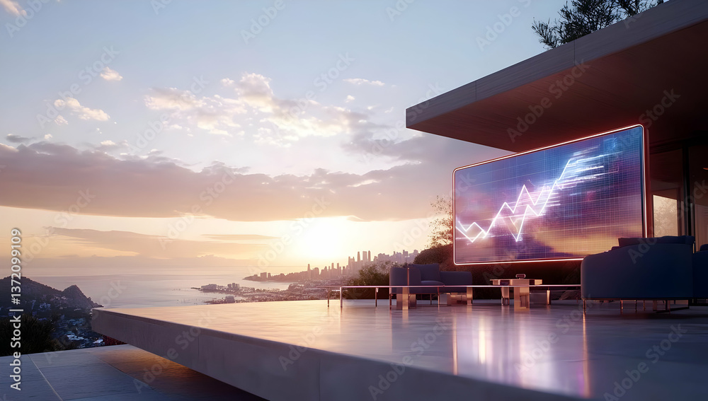 Fototapeta premium Stunning Terrace View Of Coastal Cityscape During Golden Sunset with Blocky Graphics on Display