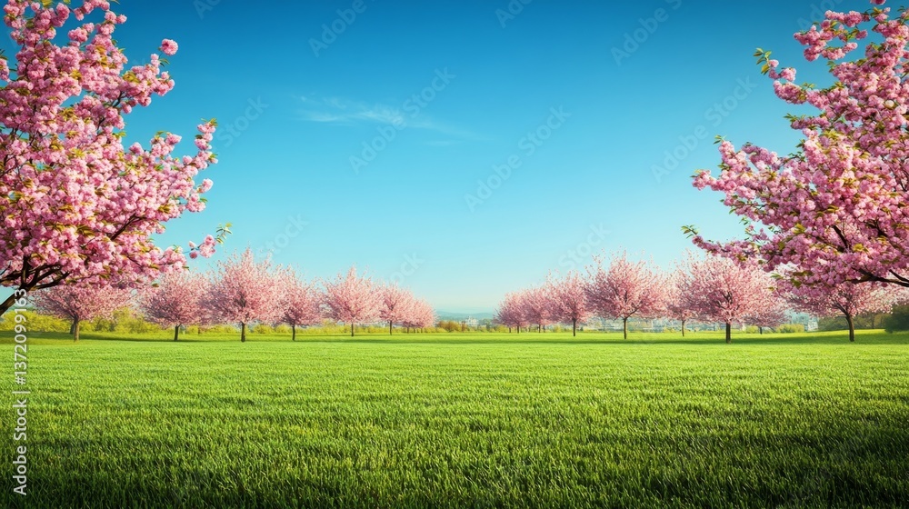 Vibrant green lawn enhanced by cherry blossom trees under a clear blue sky for commercial backdrop Vibrant green lawn enhanced by cherry blossom trees under a clear blue sky for commercial backdrop