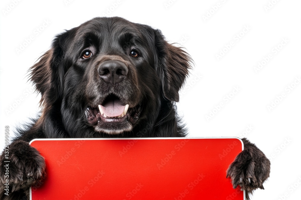 Obraz premium Isolated dog on a solid apparel pure white background. Ð¡ute adult dog newfoundland hold in front paws a concept - large red way sign. Dog sign mockup. Dog on white ad. Studio pet for campaig.