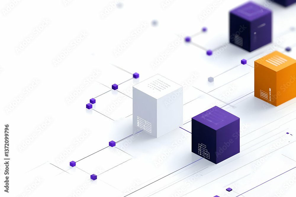 Three Dimensional Network of Purple Orange and White Isometric Cubes on White Three Dimensional Network of Purple Orange and White Isometric Cubes on White