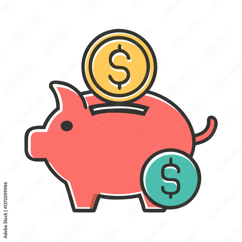Colorful piggy bank icon with a slash on the back for personal finance,saving,budgeting and banking websites and blogs. Colorful piggy bank icon with a slash on the back for personal finance,saving,budgeting and banking websites and blogs.
