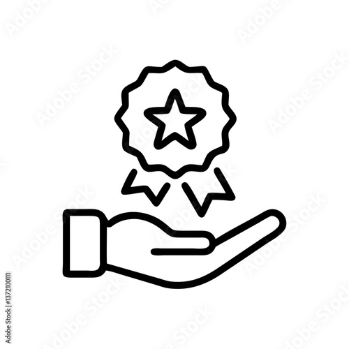 Hand presenting a star badge with ribbons. Use on websites and blogs about achievements, rewards, recognition, quality, and endorsements.