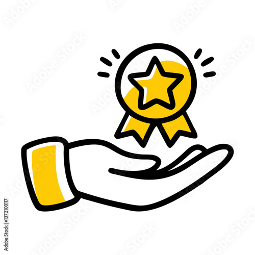 Hand presenting a star badge with ribbons. Use on websites and blogs about achievements, rewards, recognition, quality, and endorsements.