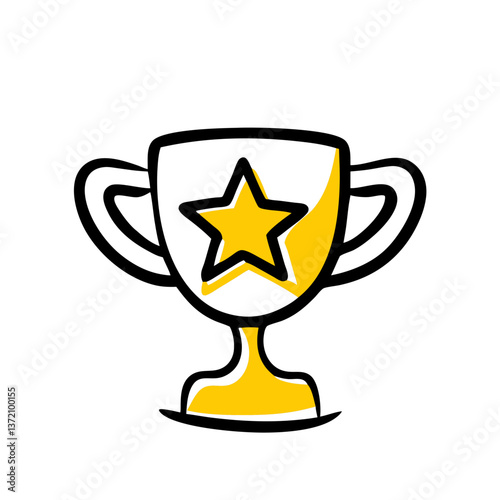 Trophy icon with a star, simple line art with yellow accents, isolated on white. Use for achievement, success, or award themed sites and blogs.