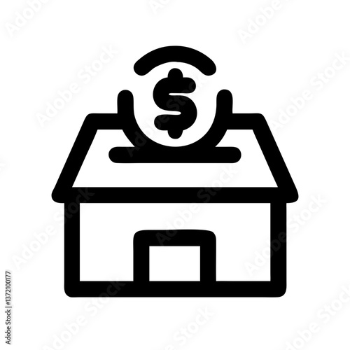 simple black outline icon depicting dollar sign pointing down into an open box for financial blogs, donation campaigns and e-commerce sites dedicated to payments or fundraising.