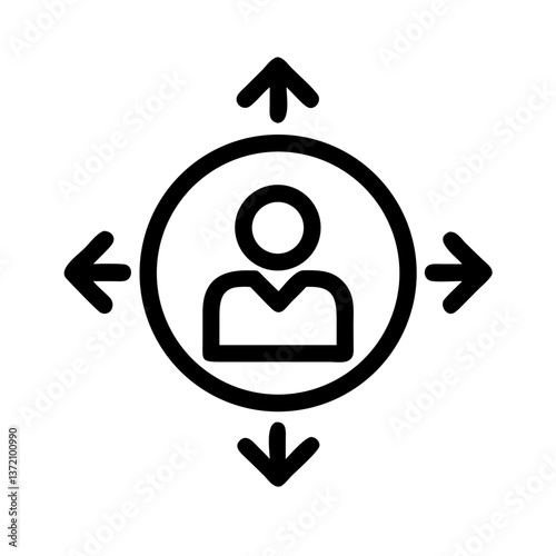 An icon featuring a user silhouette within a circle, surrounded by arrows pointing in four directions, suitable for websites or blogs about user reach, widespread influence, or diverse applications.

