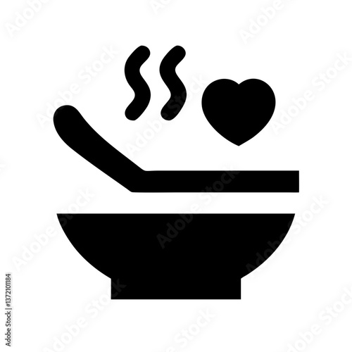 An icon depicting a steaming bowl with a spoon and heart, ideal for websites or blogs about healthy eating, homemade meals, or charitable food initiatives.

