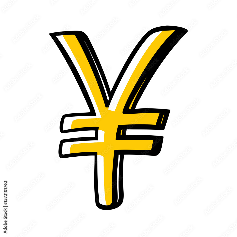 Fototapeta premium hand-drawn style illustration of yellow Yen or Yuan currency symbol with black outline,set on white background for financial blogs,websites about international markets,for educational content about