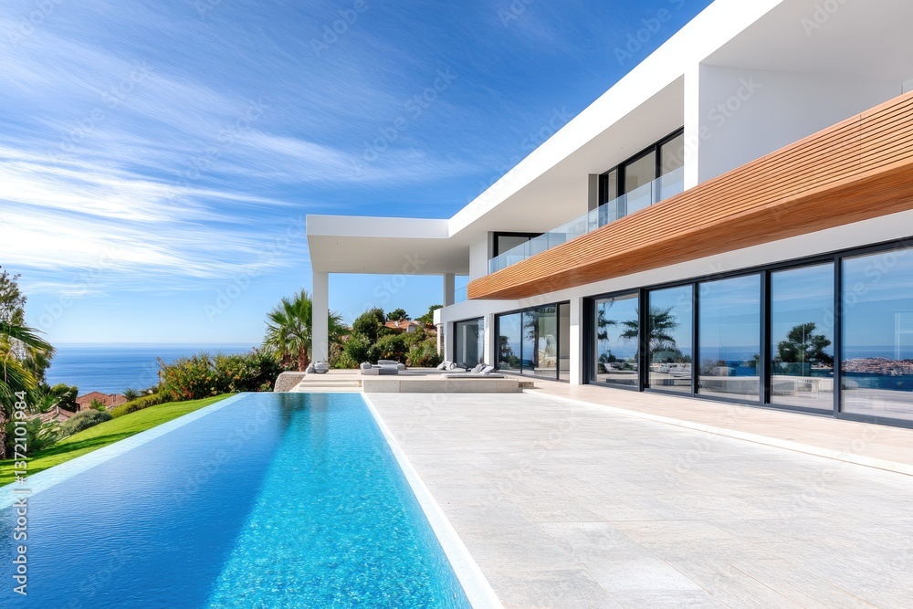 A modern house with a pool, The house features white walls and wooden details, a roof terrace overlooking the sea