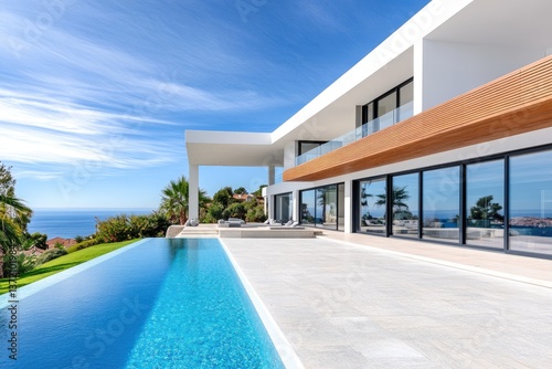 Obraz na płótnie A modern house with a pool, The house features white walls and wooden details, a roof terrace overlooking the sea w salonie