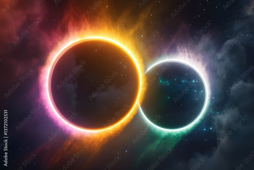 Obraz premium Celestial event showcasing two glowing orbs in a cosmic setting with vibrant hues and darkness