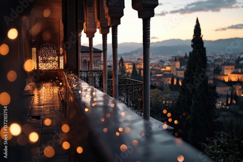 Glistening evening view of the alhambra palace overlooking granada famous landmarks cityscape architectural beauty serene atmosphere captured at twilight