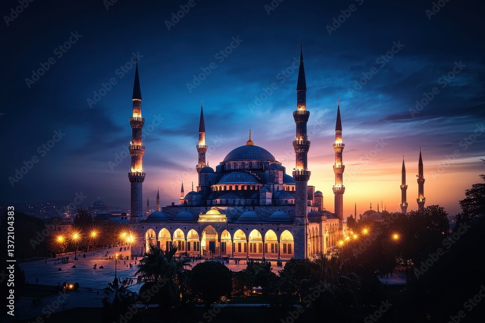 Obraz premium Breathtaking sunrise over istanbul's blue mosque capturing famous landmarks architectural beauty tranquil environment and iconic views of cultural heritage