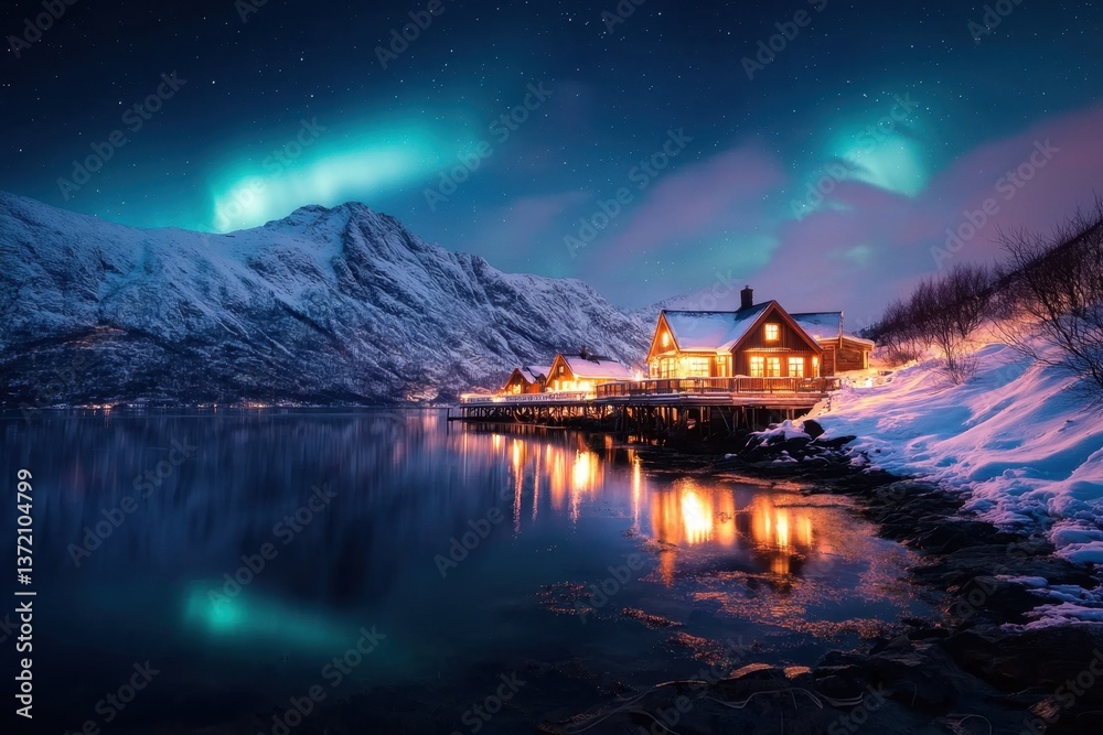 Fototapeta premium Northern lights illuminating famous landmarks over serene lake in norway stunning nighttime landscape photography showcasing nature's beauty