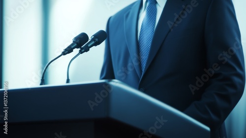 Serious politician speaking at press conference podium with microphone, intense expression during public speech, political leader addressing media, government official making statement