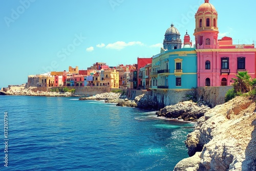 Wallpaper Mural Colorful buildings line a rocky coast, with the clear blue sea sparkling under a sunny sky Torontodigital.ca