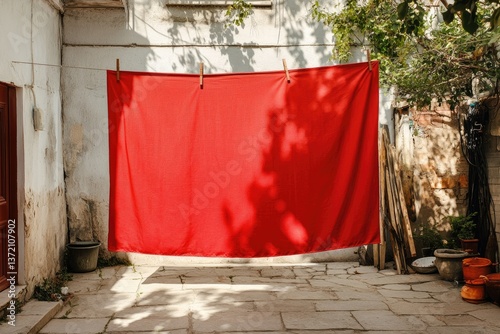 Red Bed Linen is Dried on Clothesline on the Street in Courtyard of Village Household Cottage House