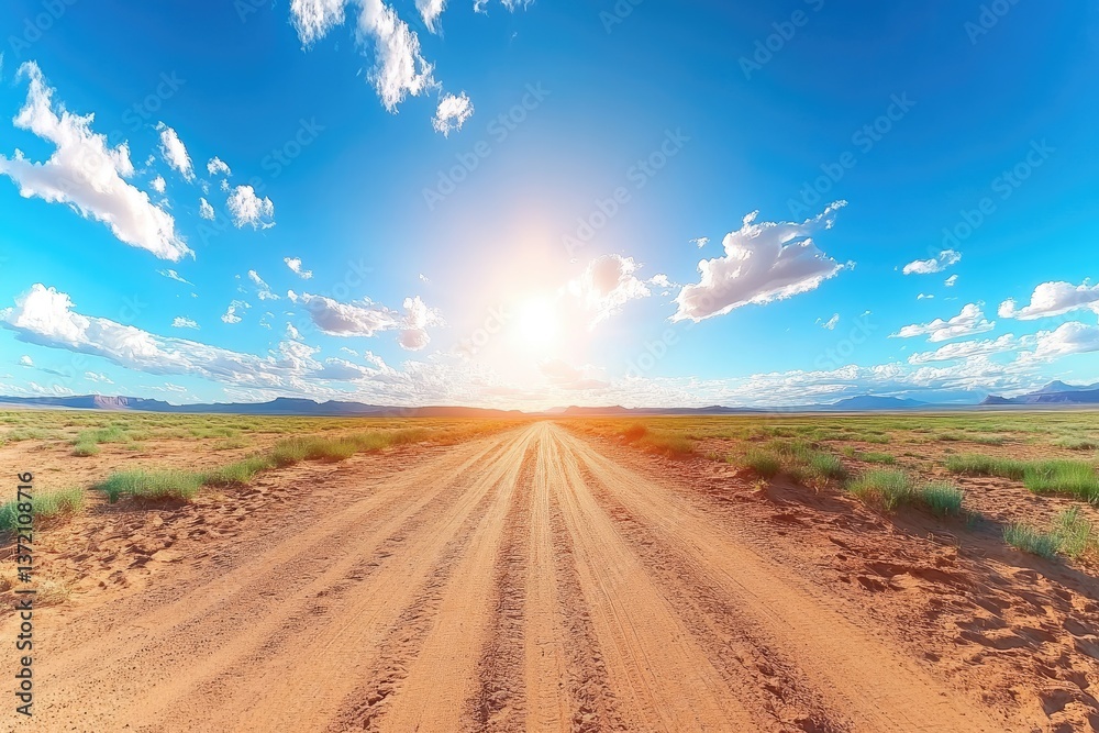 Naklejka premium Desert road under the bright sun and blue sky with clouds