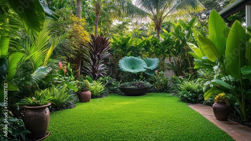 Lush tropical garden with vibrant plants, lawn, and pots