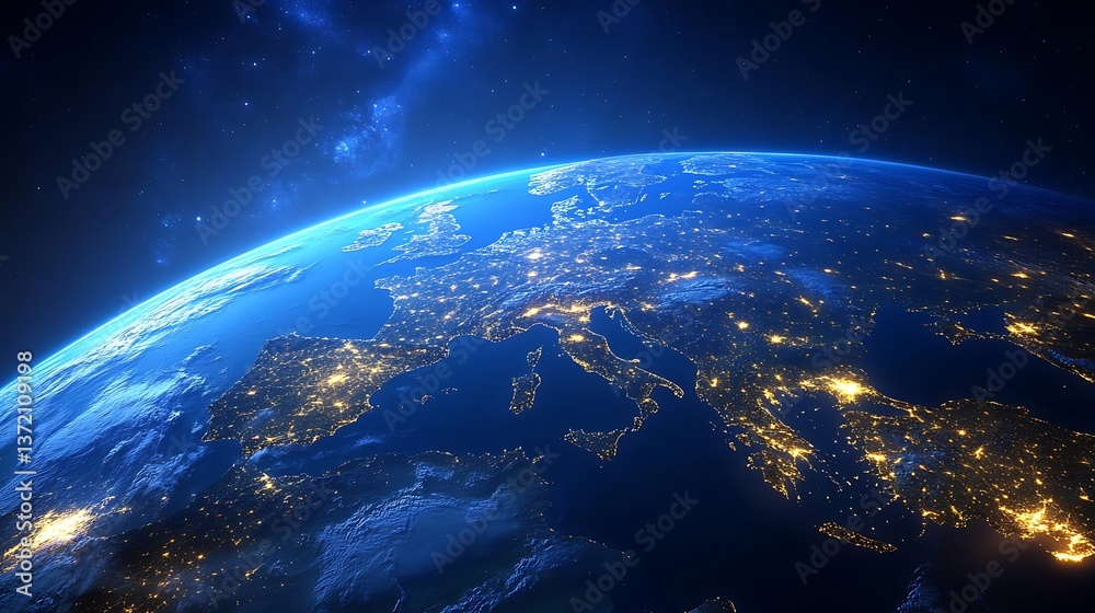 Obraz premium Illuminated Earth at Night Shows Cities and Celestial Elements