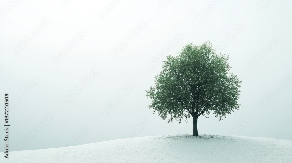 Fototapeta premium Lone tree, snowy hill, foggy day, peace