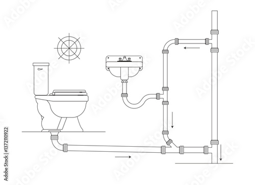 Toilet and sink whit draintube in illustrator