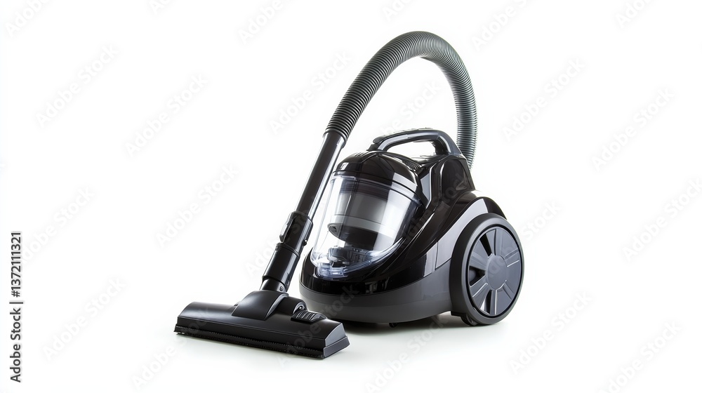 A high-powered vacuum cleaner standing upright with attachments, isolated on a white background,