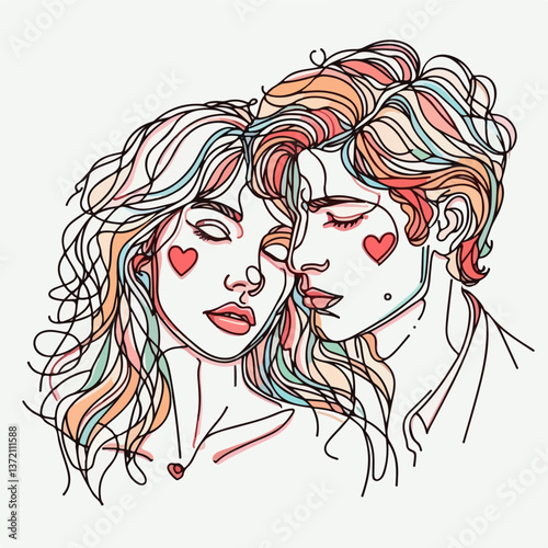 Embracing Hearts: A delicate illustration of a couple in an intimate embrace, their faces adorned with hearts, symbolizing the tenderness and connection of love. capturing the essence of romance