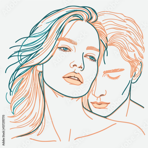 Intimate Connection: A minimalistic illustration captures an embracing couple. A serene and intimate moment of love and connection.
