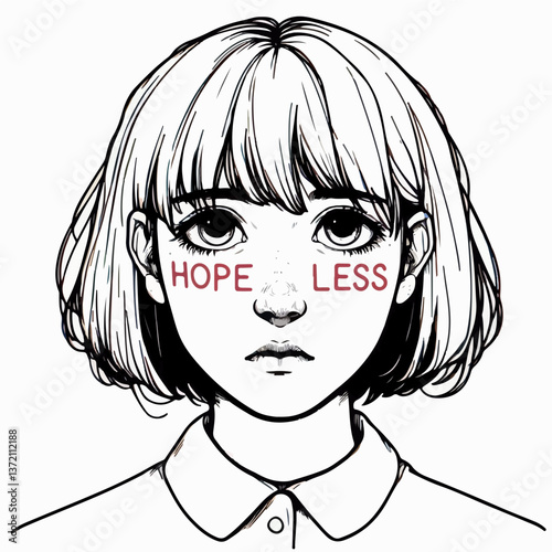 Visualizing Despair: An introspective illustration of a young woman with "HOPE LESS" subtly inscribed across her face, her expression reflecting inner turmoil and sadness.
