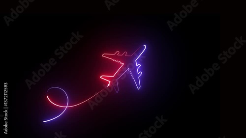 glowing neon simple airplane icon animation on black background. 4k motion graphic video.	