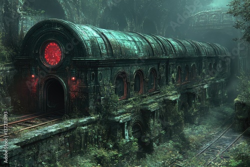 Dilapidated train in overgrown greenery, a forgotten relic of a bygone era, in natural setting