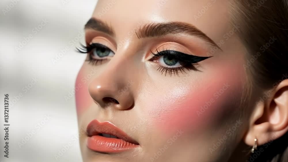 Elegant woman displaying trendy makeup with flawless winged eyeliner in subtle lighting shift Elegant woman displaying trendy makeup with flawless winged eyeliner in subtle lighting shift