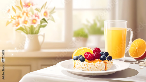 healthy breakfast with muesli and fruits and berries. Vector illustration 