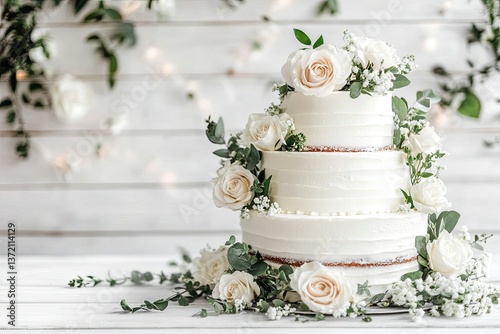 Beautiful Wedding Cake Decorated with White Roses on White Wooden Background