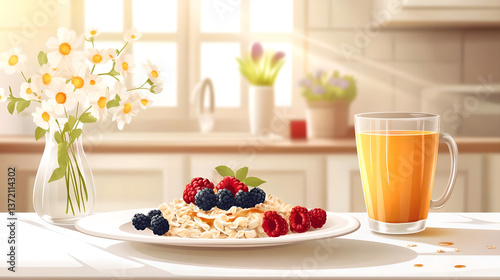healthy breakfast with muesli and fruits and berries. Vector illustration 