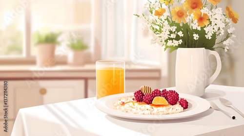 healthy breakfast with muesli and fruits and berries. Vector illustration 