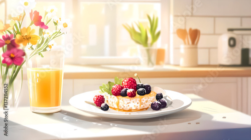 healthy breakfast with muesli and fruits and berries. Vector illustration 