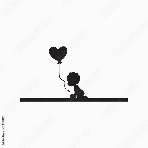 Child Silhouette with Heart Balloon.