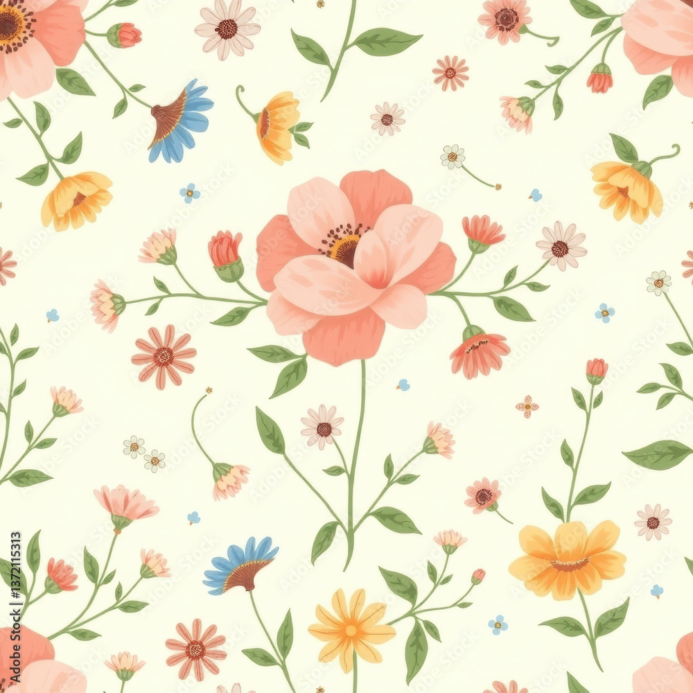 seamless pattern featuring beautiful flowers in soft colors creates charming and vibrant atmosphere