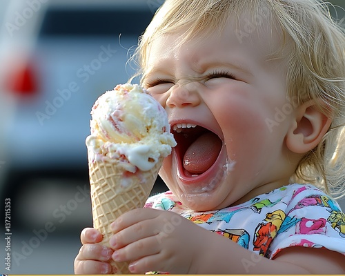 A happy toddler enjoying a delicious ice cream cone outside