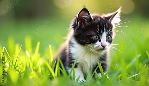 A playful kitten with striking cat sitting on the grass eyes sits amidst lush green grass, illuminated by soft, warm sunlight. Ai Generative Video