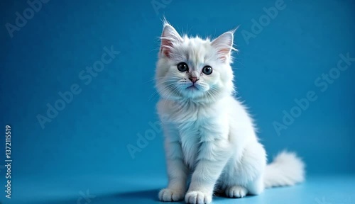 A fluffy white young cat with magic Blue eyes,  kitten sits gracefully against a vibrant turquoise background. Ai Generative Video