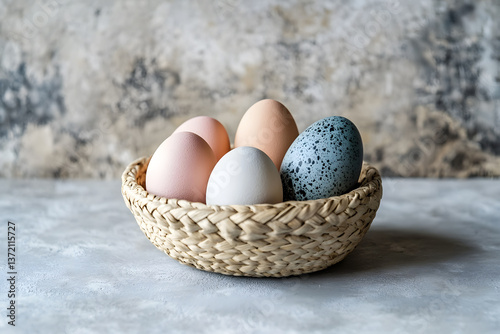 Colorful Easter eggs in a wicker straw basket.
